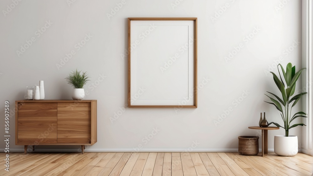 Interior home of living room with empty frame poster mock up and wooden cabinet on white wall, Scandinavian style Interior home of living room with empty frame poster mock up and wooden cabinet on white wall, Scandinavian style
