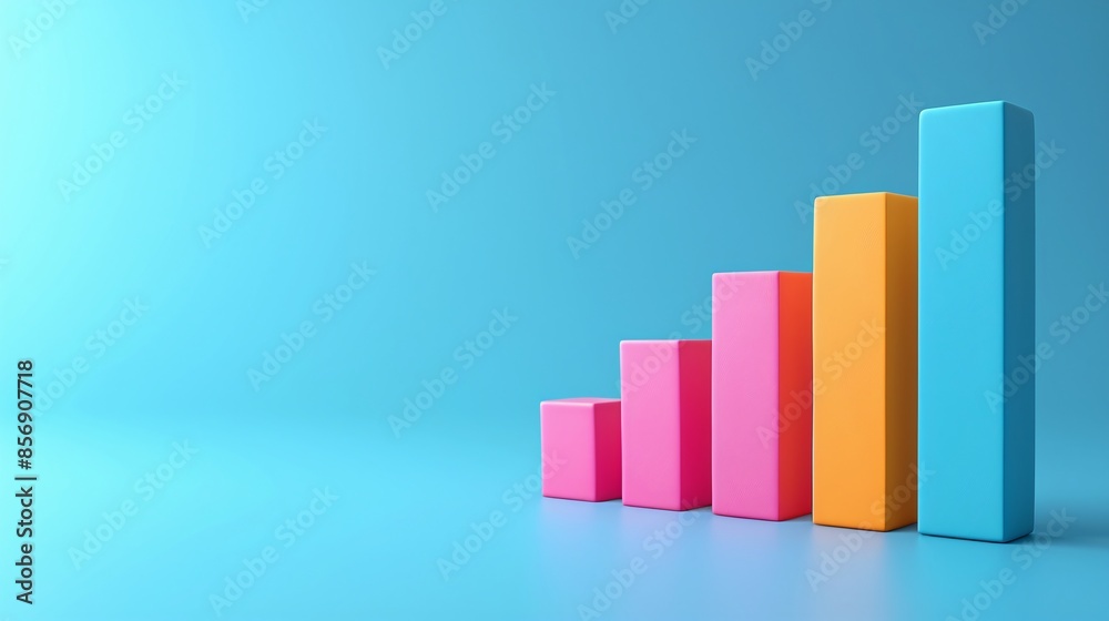 Colorful 3D bar graph illustration on a blue background, representing business growth, success, and financial improvement. 3D Illustration. Colorful 3D bar graph illustration on a blue background, representing business growth, success, and financial improvement. 3D Illustration.