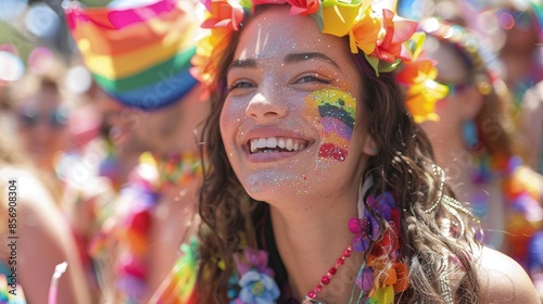 Woman with rainbow-colored makeup at a Pride event. Concept of lgbt,lgbtq and homosexual or transexual love proud LGBTQ community.