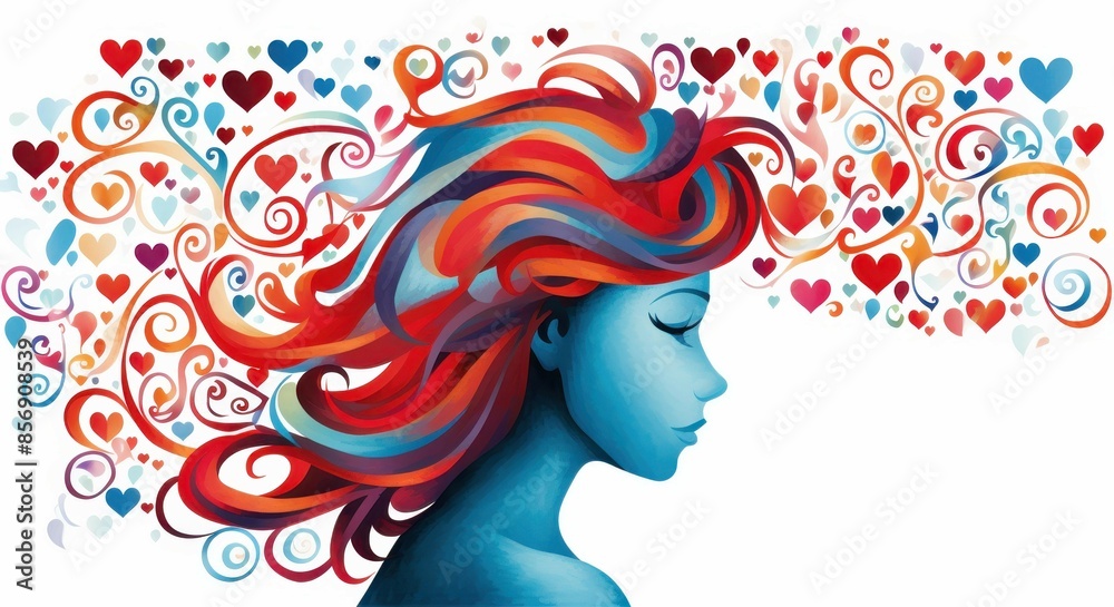 Vibrant watercolor silhouette of a womans head adorned with hearts, exuding artistic charm and feminine grace.