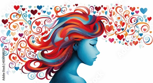 Vibrant watercolor silhouette of a womans head adorned with hearts, exuding artistic charm and feminine grace.