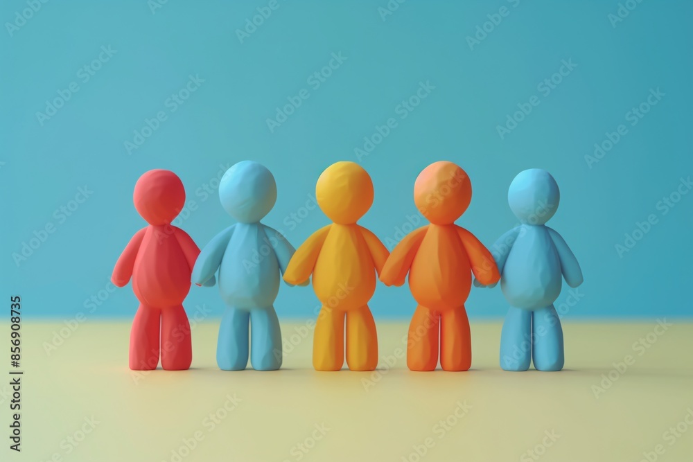 Colorful clay figures standing in a row against a blue and yellow background, symbolizing community and diversity. 3D Illustration. Colorful clay figures standing in a row against a blue and yellow background, symbolizing community and diversity. 3D Illustration.