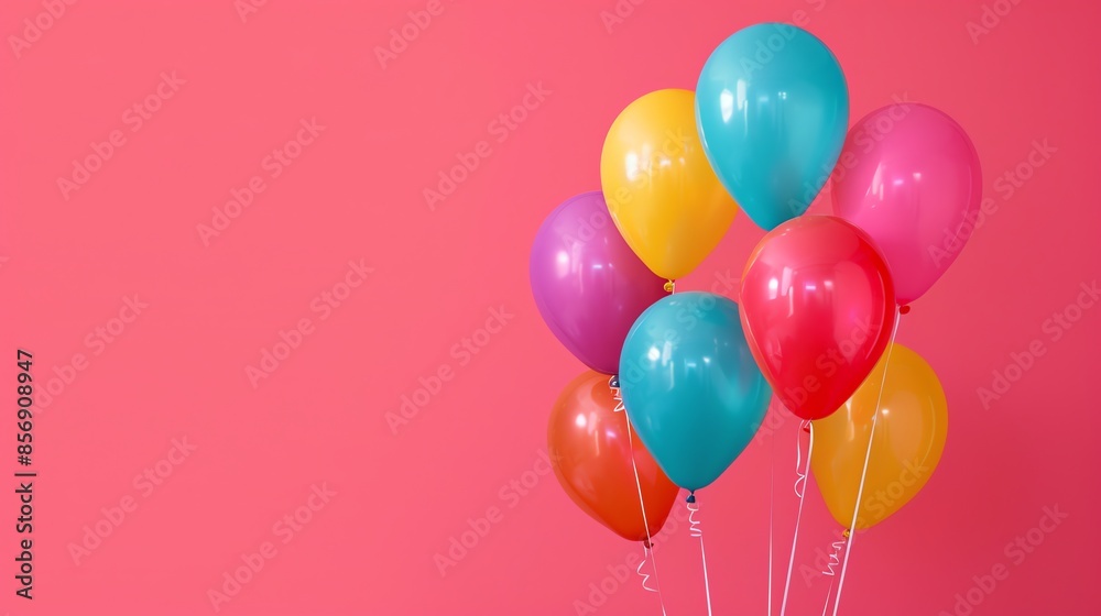 A bunch of colorful balloons against a pink background. A bunch of colorful balloons against a pink background.