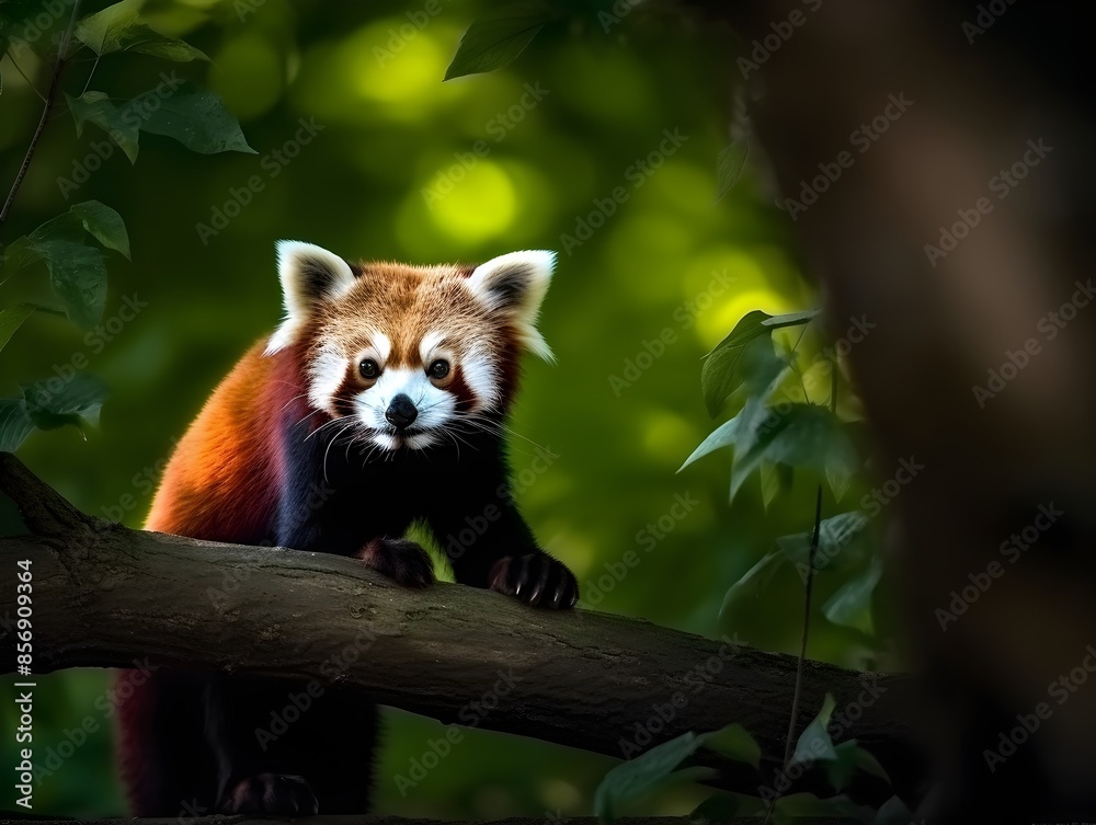 Obraz premium Captivating Glimpse of a Curious Red Panda Perched on a Tree Branch in its Natural Habitat