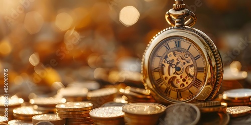 Vintage Pocket Watch and Coins Illuminated by Golden Light photo