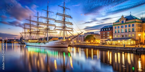 Cozy waterfront scene in Gothenburg with historic sailing ship photo