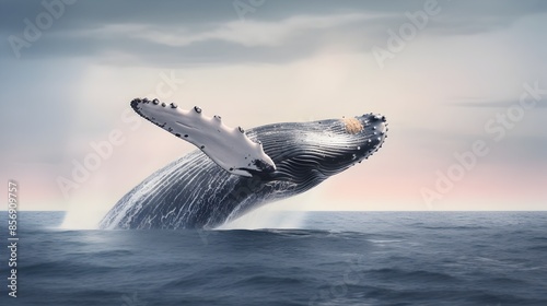 Majestic Humpback Whale Breaching the Serene Ocean Surface at Dusk © imagincy