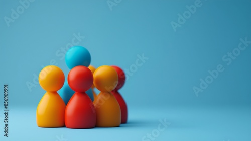 Colorful wooden figurines stand together against a blue background, symbolizing teamwork, diversity, leadership, and collaboration. 3D Illustration.