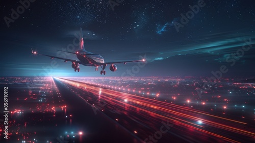 A passenger plane preparing to land on a brightly lit runway at night, with a beautiful starry sky in the background.