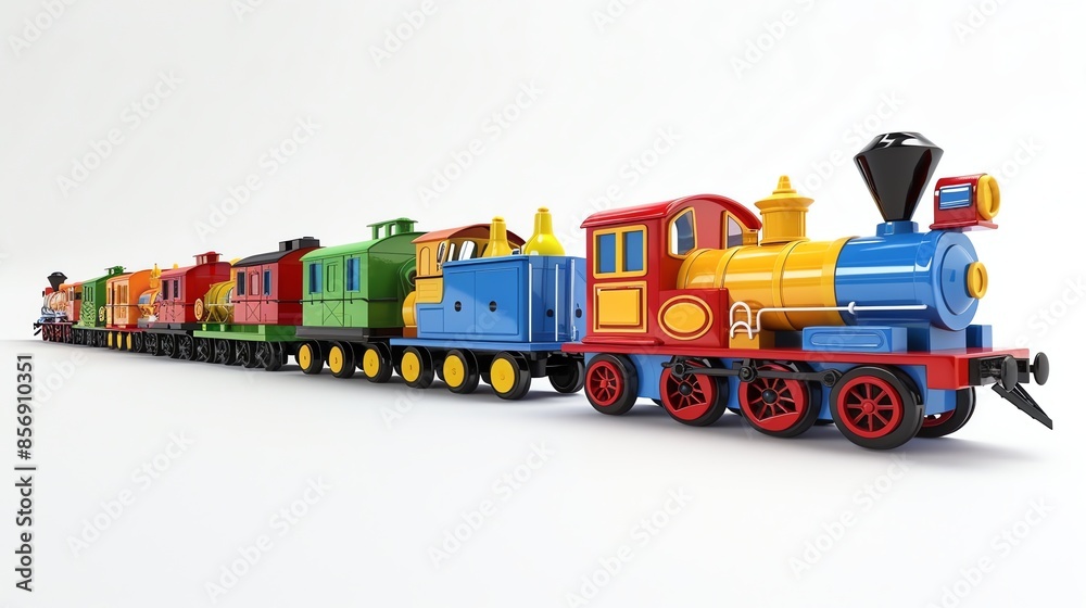 A colorful toy train set with a locomotive and carriages. A colorful toy train set with a locomotive and carriages.