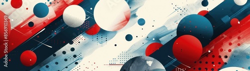 Abstract background featuring a dynamic arrangement of red, white, and blue spheres along with modern design elements.