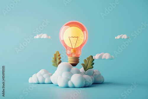 Creative concept of a light bulb with leaves and clouds on a blue background symbolizing ideas and innovation. 3D illustration. 3D Illustration. photo