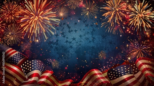 Celebratory fireworks and American flags on a starry night sky, symbolizing patriotism and festivities with vibrant colors and joy.