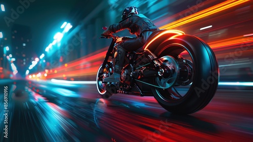 Dynamic shot of a motorcyclist speeding through a neon-lit city street at night, with motion blur accentuating the sense of speed and movement.