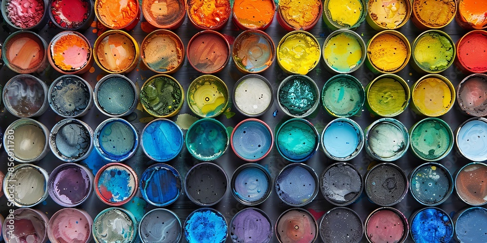 Vibrant Overhead View of Paint Pots in Various Colors, Displaying a Kaleidoscope of Artistic Pigments Vibrant Overhead View of Paint Pots in Various Colors, Displaying a Kaleidoscope of Artistic Pigments