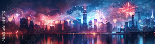 Stunning city skyline with colorful fireworks lighting up the night sky, reflecting beautifully on the water.