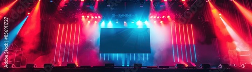 Vibrant concert stage with dynamic red and blue lighting, ready for a live performance or event.