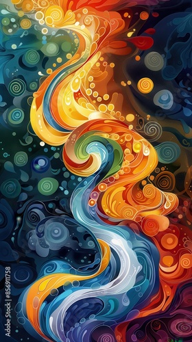 Vibrant abstract painting with swirling colors and textures, creating a flowing pattern in a dynamic, creative expression of art and design.