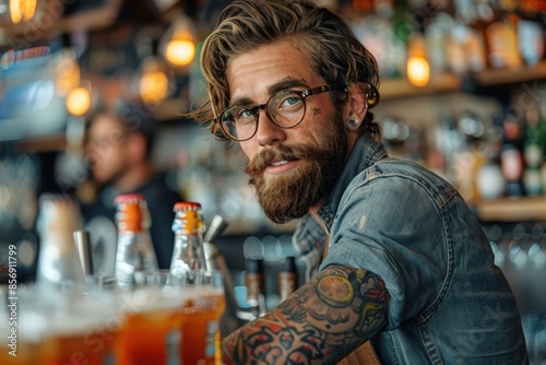 Fashionable male bartender with tattoos observes the busy bar scene, with vintage bottles and a bohemian vibe