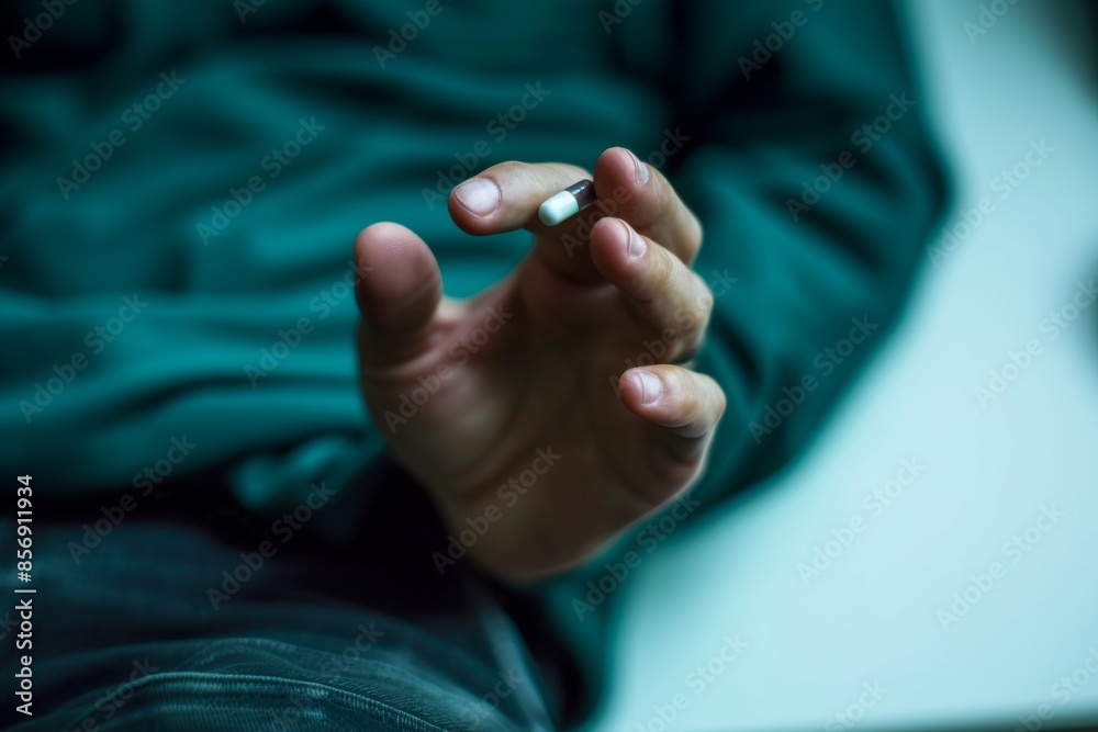 a man's hand holding a capsule / pill a man's hand holding a capsule / pill