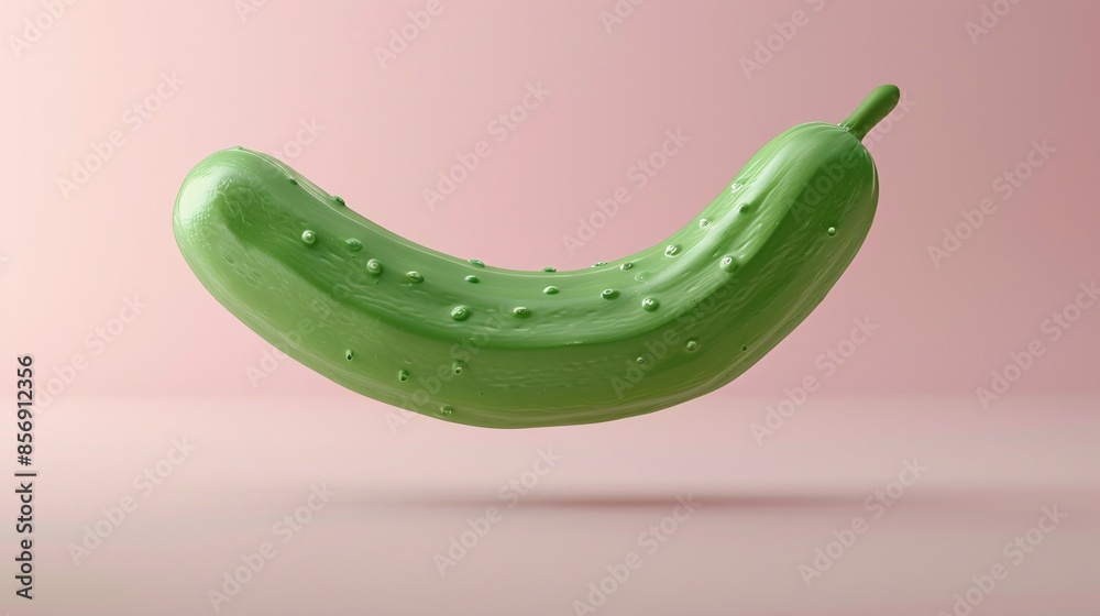 Floating green plastic cucumber against a pink background, presenting a unique, whimsical, and abstract concept of food and design. 3D Illustration. Floating green plastic cucumber against a pink background, presenting a unique, whimsical, and abstract concept of food and design. 3D Illustration.