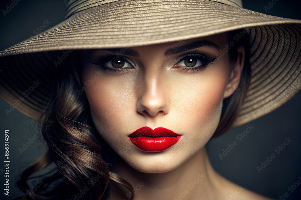 Portrait of a beautiful young woman with red lipstick wearing a hat, selective focus. Portrait of a beautiful young woman with red lipstick wearing a hat, selective focus.