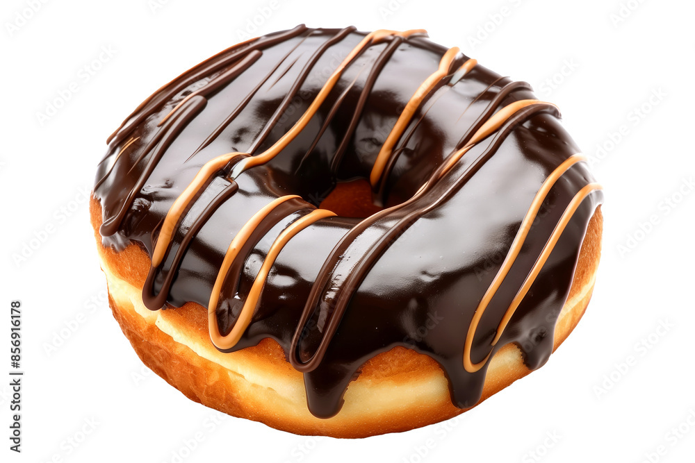 Closeup view of a chocolate glazed donut with chocolate drizzle, isolated on white transparent background Closeup view of a chocolate glazed donut with chocolate drizzle, isolated on white transparent background