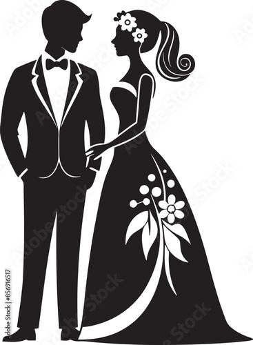 silhouette of bride and groom illustration black and white