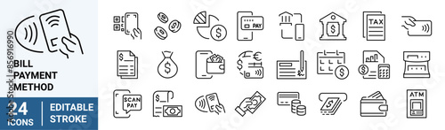 Bill And Payment line web icons. Money and Coins. Cash, Credit Cards, Money Bag, Containing banking, Investment, income, accounting, money, Finance. Editable stroke.