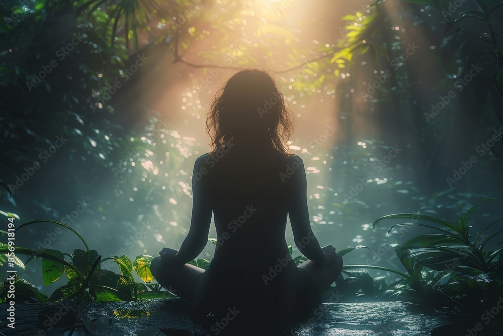 A serene image featuring a woman in meditation pose amidst a sunlit, misty forest, conveying tranquility and spiritual peace A serene image featuring a woman in meditation pose amidst a sunlit, misty forest, conveying tranquility and spiritual peace