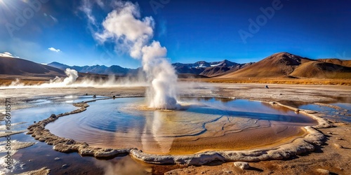 Geothermal geyser in Tatio Puritama, Chile , hot spring, steam, eruption, natural, landscape, Chilean, Andes photo