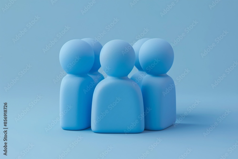 Group of blue 3D human figures standing together on light blue background. Concept of teamwork, unity, and collaboration. 3D Illustration. Group of blue 3D human figures standing together on light blue background. Concept of teamwork, unity, and collaboration. 3D Illustration.
