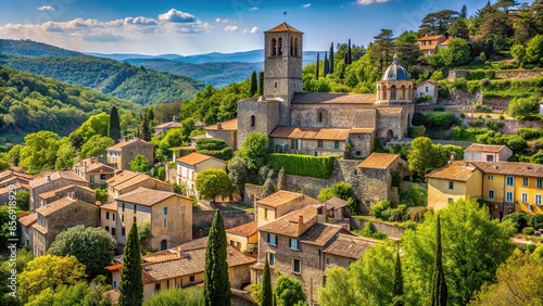 A scenic view of the village of Montolieu in Aude, Languedoc-Roussillon, France with trees photo