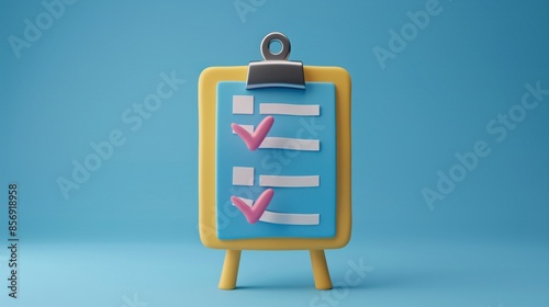 Illustration of a checklist on a clipboard with blue background. Concept of task completion, organization, and productivity. 3D Illustration. photo