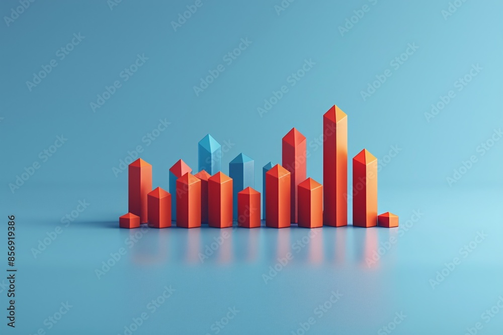 Minimalist 3D bar graph in orange and blue tones against a blue background, representing data analytics and business growth. 3D Illustration. Minimalist 3D bar graph in orange and blue tones against a blue background, representing data analytics and business growth. 3D Illustration.
