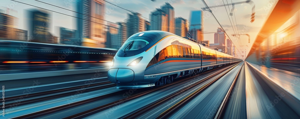 Fototapeta premium A high-speed train speeds through a city at sunset.