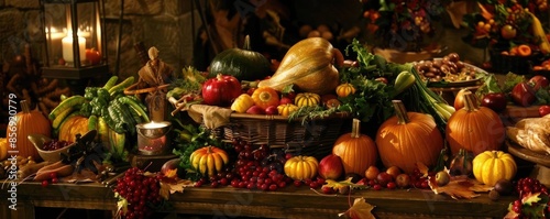 A rustic Thanksgiving feast setup with pumpkins, gourds, and an assortment of harvest vegetables on a wooden table. © Tin