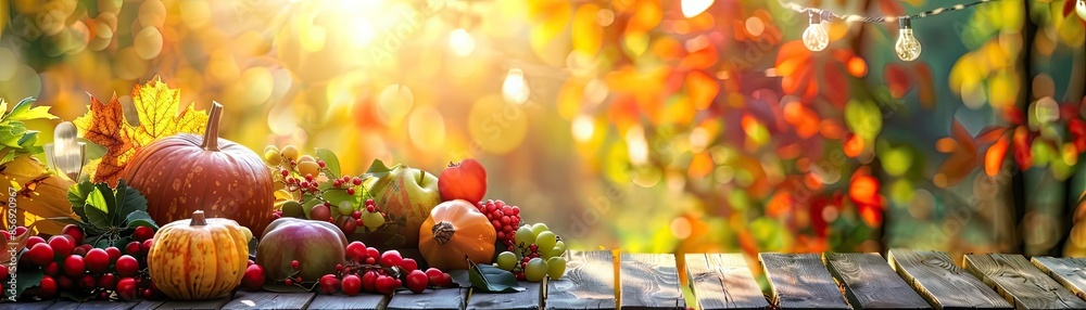 A rustic autumn scene featuring pumpkins, apples, berries on a wooden table with colorful fall foliage and warm sunlight in the background. A rustic autumn scene featuring pumpkins, apples, berries on a wooden table with colorful fall foliage and warm sunlight in the background.