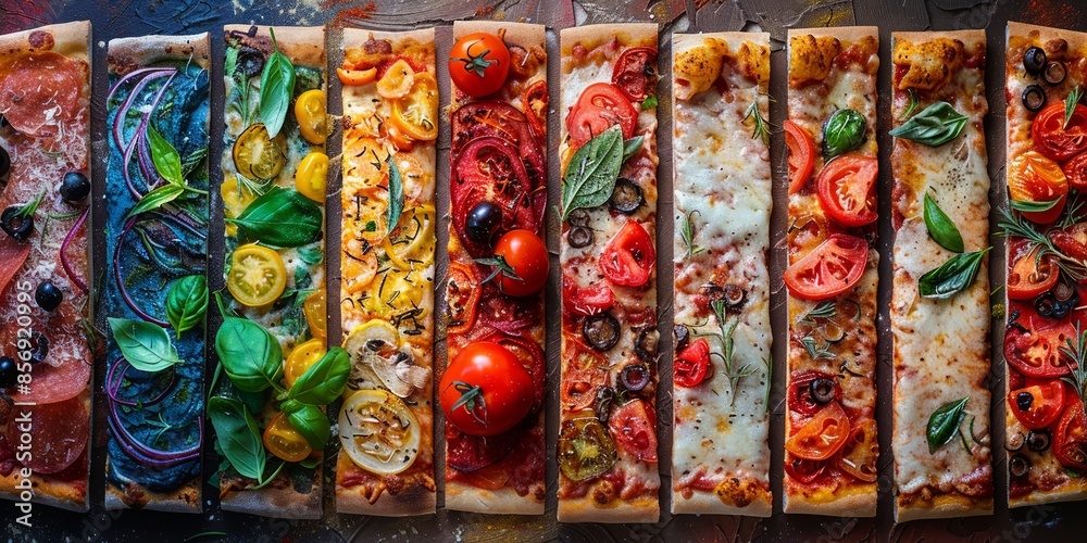 Fototapeta premium Gourmet Pizza Variety with Colorful Fresh Ingredients and Unique Flavor Combinations