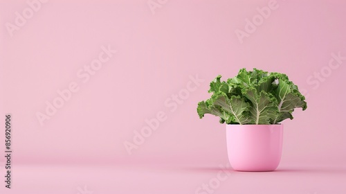 Minimalist photo of a green kale plant in a pink pot against a pastel pink background, representing indoor gardening or home decor. 3D Illustration. photo