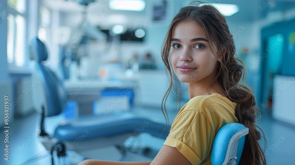 A young, brunette woman smiles gently while sitting in the chair of a modern dental office with medical equipment in the background A young, brunette woman smiles gently while sitting in the chair of a modern dental office with medical equipment in the background