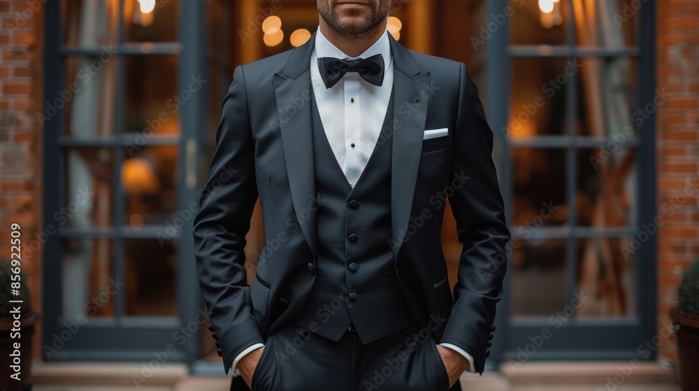 A sophisticated image of a well-dressed man in an elegant black suit, bow tie, and white pocket square, exuding confidence A sophisticated image of a well-dressed man in an elegant black suit, bow tie, and white pocket square, exuding confidence