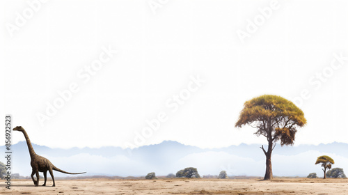 Lonely dinosaur walking through a vast desert landscape with a large tree in the distance, evoking a sense of isolation and wonder photo