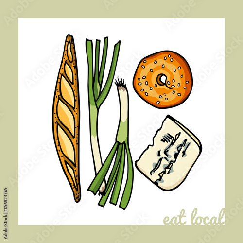 Vector illustration of a blue cheese cut, fresh baguette, bagel and leek. Freehand ink drawing, graphic style. Beautiful local food manufacturers design elements. Healthy eating illustration