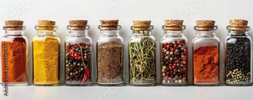 Assortment of spices in glass jars with cork lids.