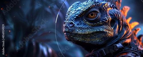Closeup portrait of a blue reptilian creature with an orange eye photo