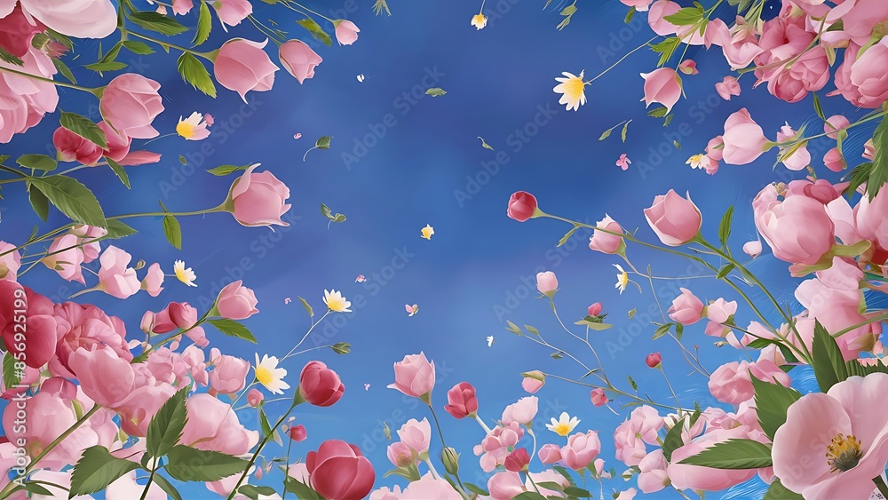 Blooming buds and scattered rose and cosmos flower petals as well as green rose leaves on a blue background Blooming buds and scattered rose and cosmos flower petals as well as green rose leaves on a blue background