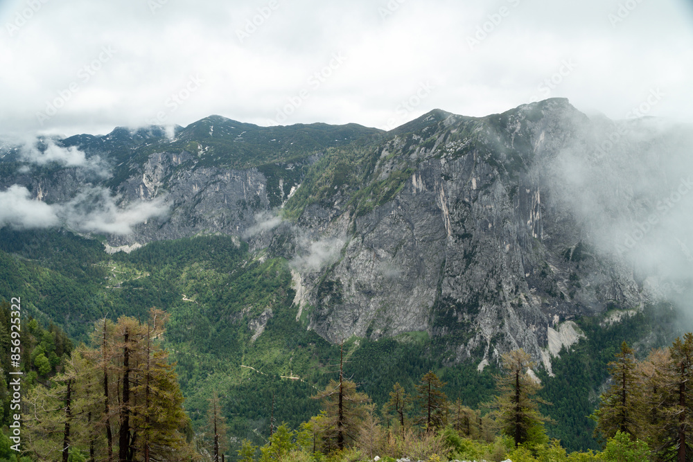 Obraz premium Blick vom Loser auf das tote Gebirge sowie das Ausseerland und den Dachsteingletscher, Salzkammergut, Streiermark, Österreich im Sommer