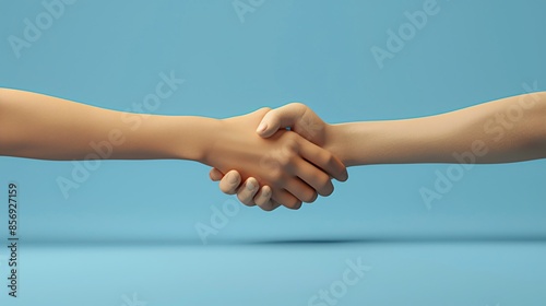 Two hands shaking on a blue background, symbolizing agreement, partnership, or collaboration in a minimalistic and clean style. 3D Illustration.