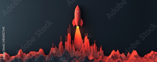 Red rocket launching with fiery trail against a dark background, symbolizing innovation, progress, and technology photo